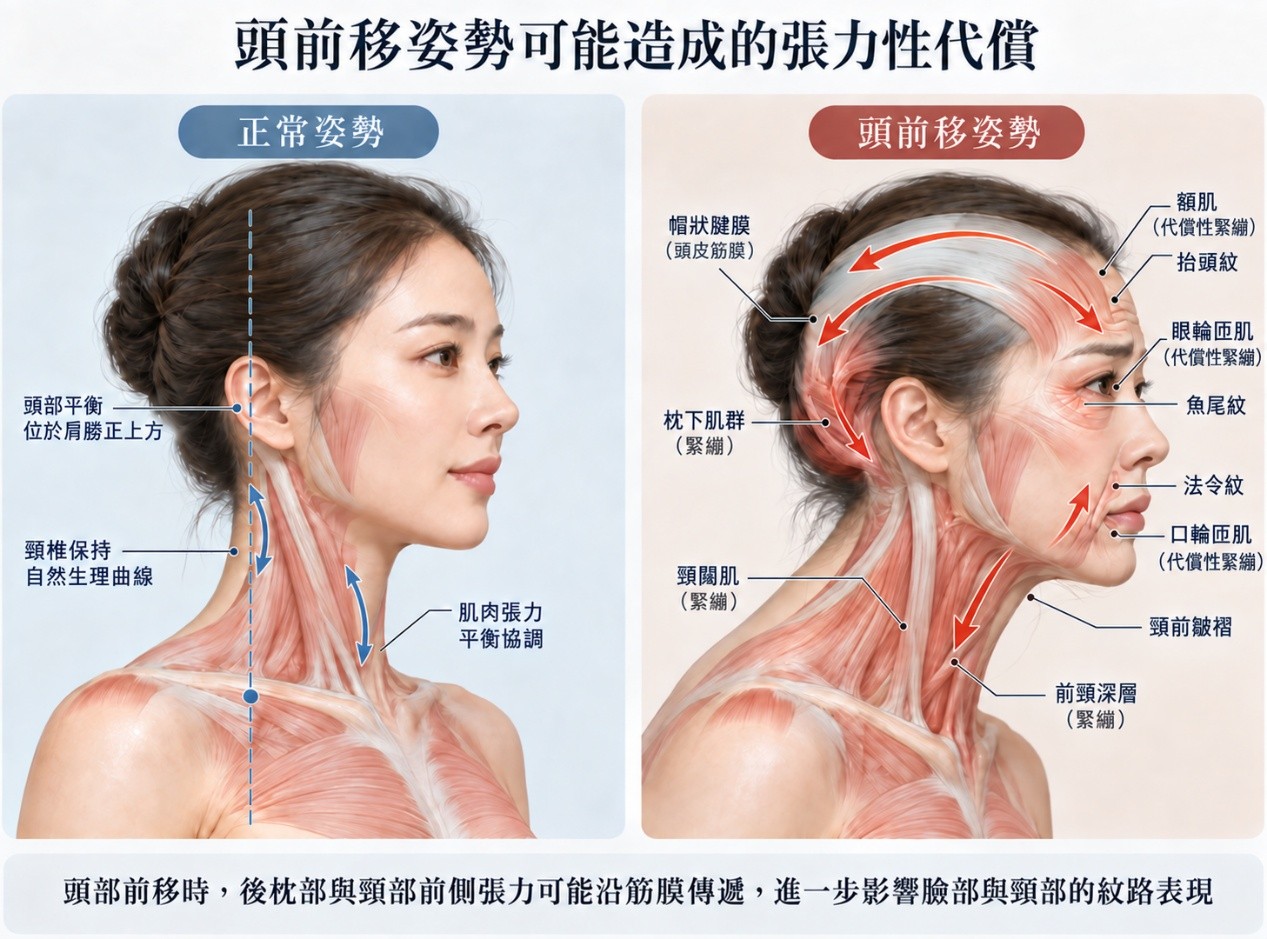 頭前移姿勢可能造成的張力性代償：左為正常姿勢，右為頭前移姿勢，標示帽狀腱膜、枕下肌群、頸闊肌、額肌、眼輪匝肌、口輪匝肌與前頸深層等相關組織的代償性緊繃，以及抬頭紋、魚尾紋、法令紋與頸前皺褶的位置