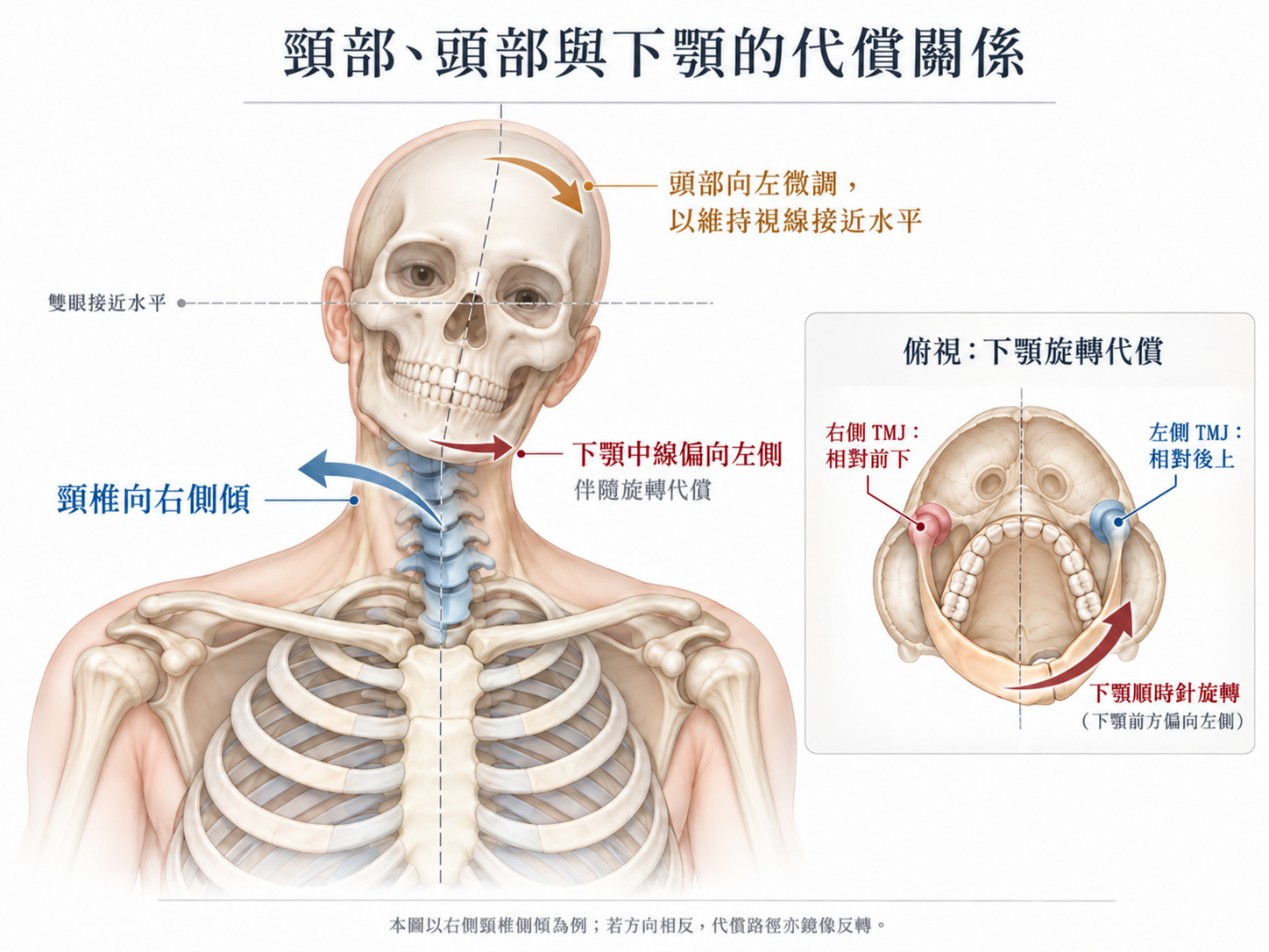 頸部、頭部與下顎的代償關係：頸椎向右側傾時，頭部向左微調以維持視線接近水平，下顎中線偏向左側並伴隨旋轉代償；右上方為俯視下顎旋轉代償，右側顳顎關節相對前下、左側相對後上