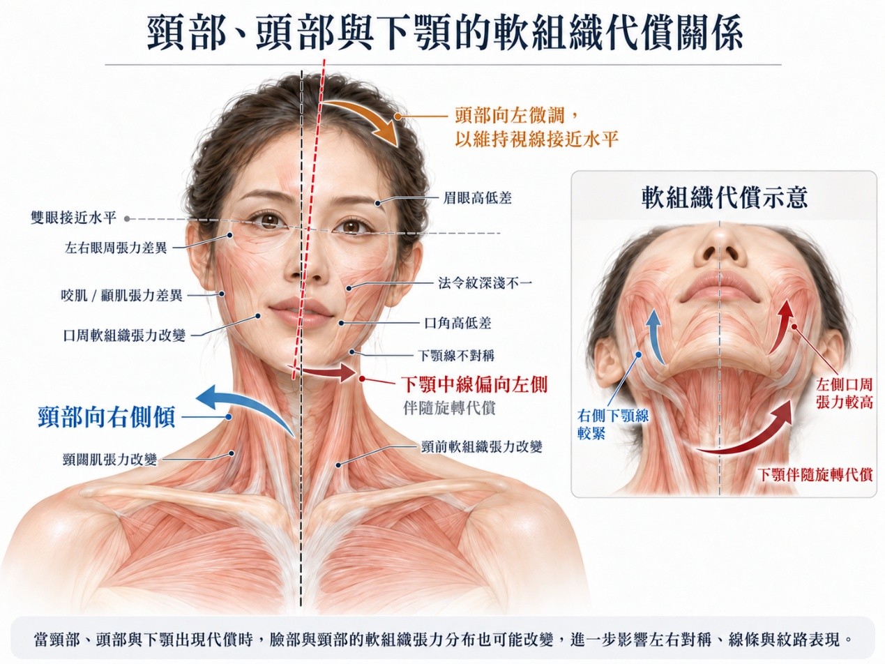 頸部、頭部與下顎的軟組織代償關係：標示眉眼高低差、左右眼周張力差異、咬肌與顳肌張力差異、口周軟組織張力改變、法令紋深淺不一、口角高低差、下顎線不對稱，以及頸闊肌與頸前軟組織張力改變；右側為軟組織代償示意